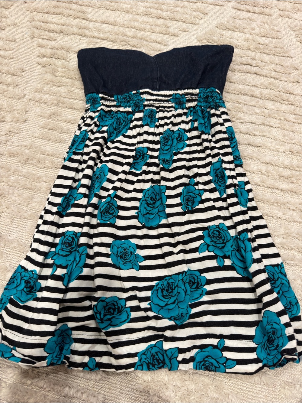 A Is For Audrey Y2K Strapless Black & White Striped Dress with Teal Floral Print